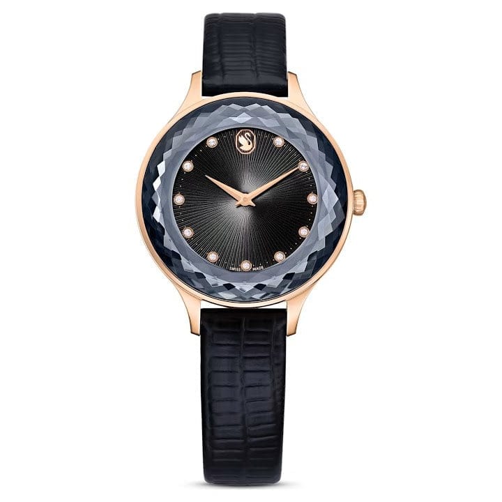 Swarovski Octea Nova Black Dial Black Leather Strap Watch for Women - 5650033