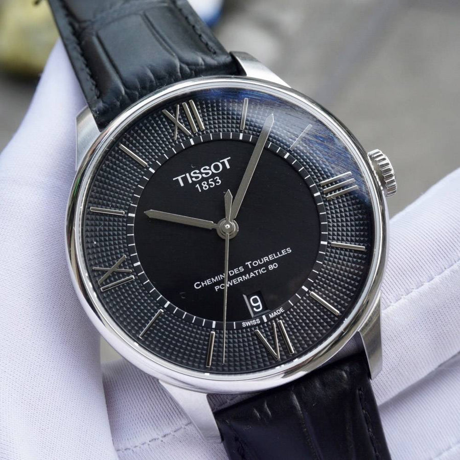 Tissot Chemin Des Tourelles Powermatic 80 Black Dial Black Leather Strap Watch For Men - T099.407.16.058.00