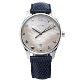 Gucci G-Timeless Signature Mother of Pearl Silver Dial Blue Leather Strap Watch For Women - YA1264049