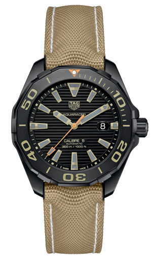 Tag Heuer Aquaracer 300 Calibre 5 Automatic Black Dial Brown Fabric Strap Watch for Men - WAY208C.FC6383