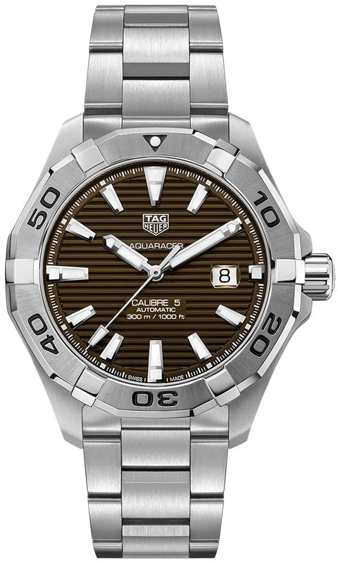 Tag Heuer Aquaracer Calibre 5 Automatic Sunray Brown Dial Silver Steel Strap Watch for Men - WAY2018.BA0927