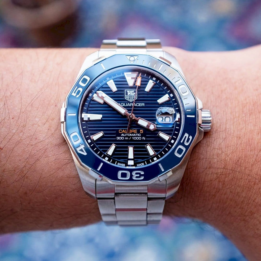 Tag Heuer Aquaracer Calibre 5 Blue Dial Silver Steel Strap Watch for Men - WAY211C.BA0928