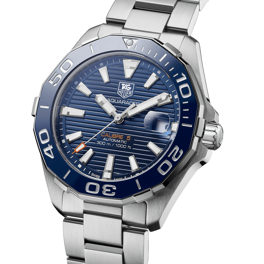 Tag Heuer Aquaracer Calibre 5 Blue Dial Silver Steel Strap Watch for Men - WAY211C.BA0928