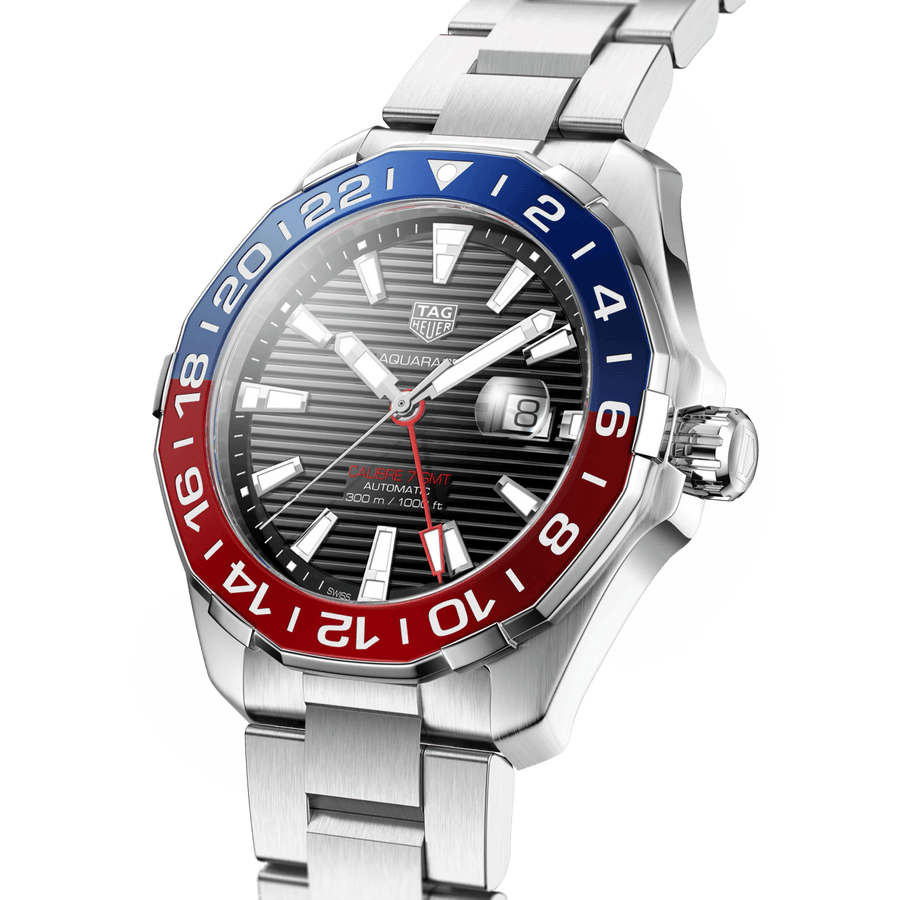 Tag Heuer Aquaracer GMT Caliber 7 Pepsi Black Dial Silver Steel Strap Watch for Men - WAY201F.BA0927