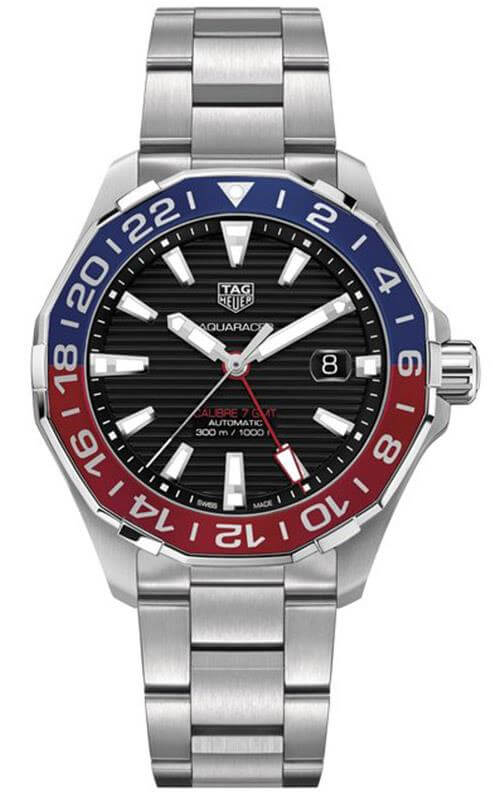 Tag Heuer Aquaracer GMT Caliber 7 Pepsi Black Dial Silver Steel Strap Watch for Men - WAY201F.BA0927