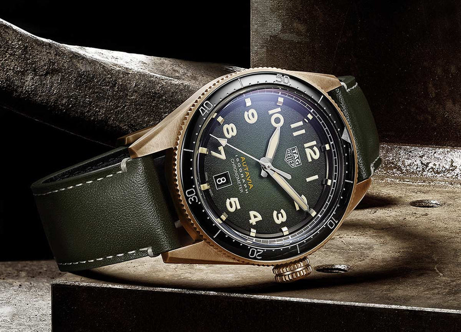Tag Heuer Autavia Calibre 5 Automatic Olive Green Dial Green Leather Strap Watch for Men - WBE5190.FC8268