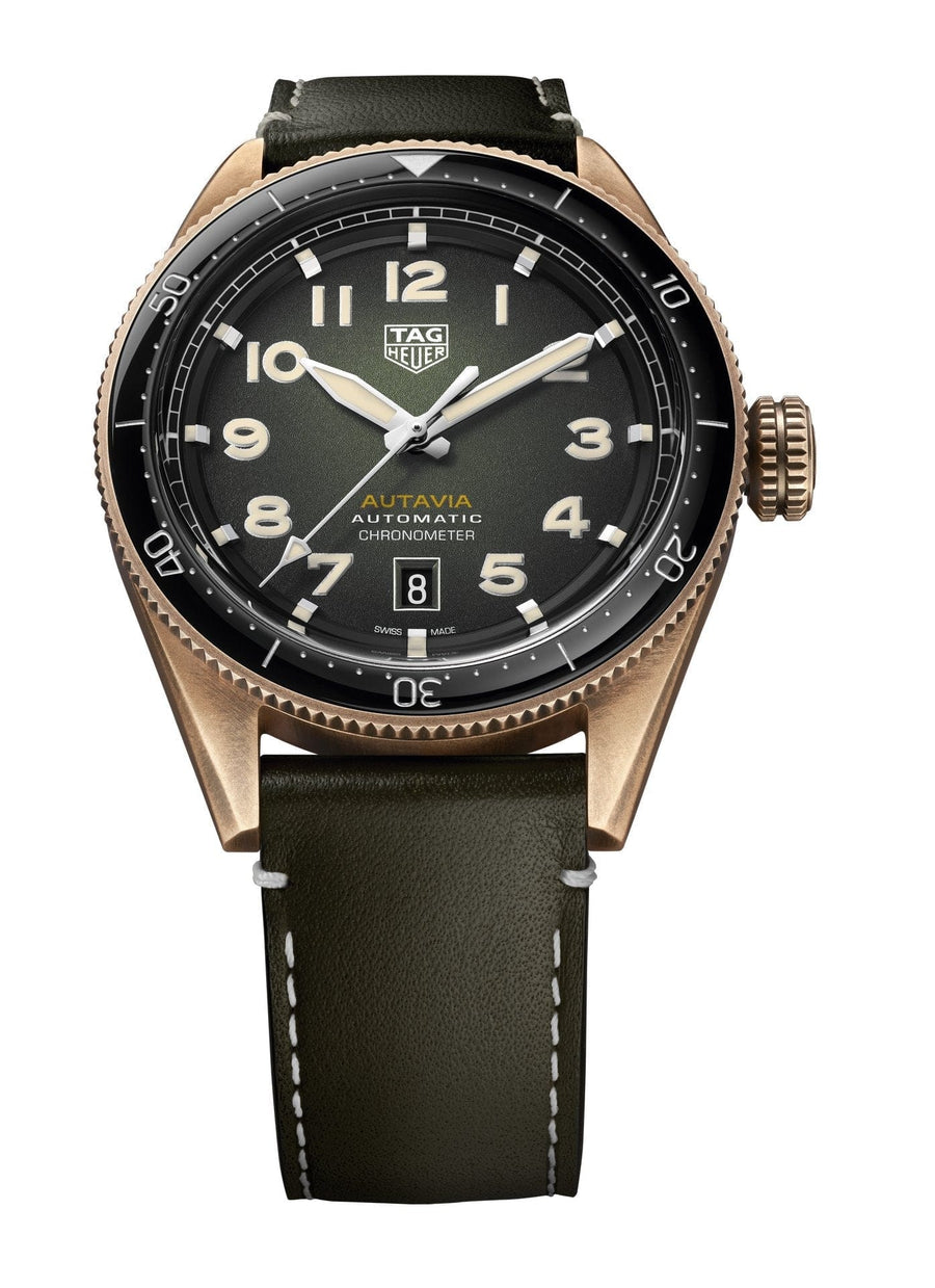 Tag Heuer Autavia Calibre 5 Automatic Olive Green Dial Green Leather Strap Watch for Men - WBE5190.FC8268