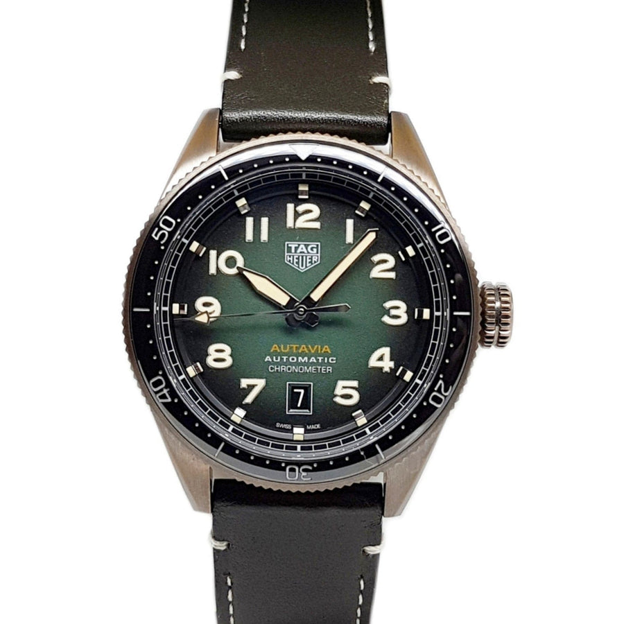 Tag Heuer Autavia Calibre 5 Automatic Olive Green Dial Green Leather Strap Watch for Men - WBE5190.FC8268