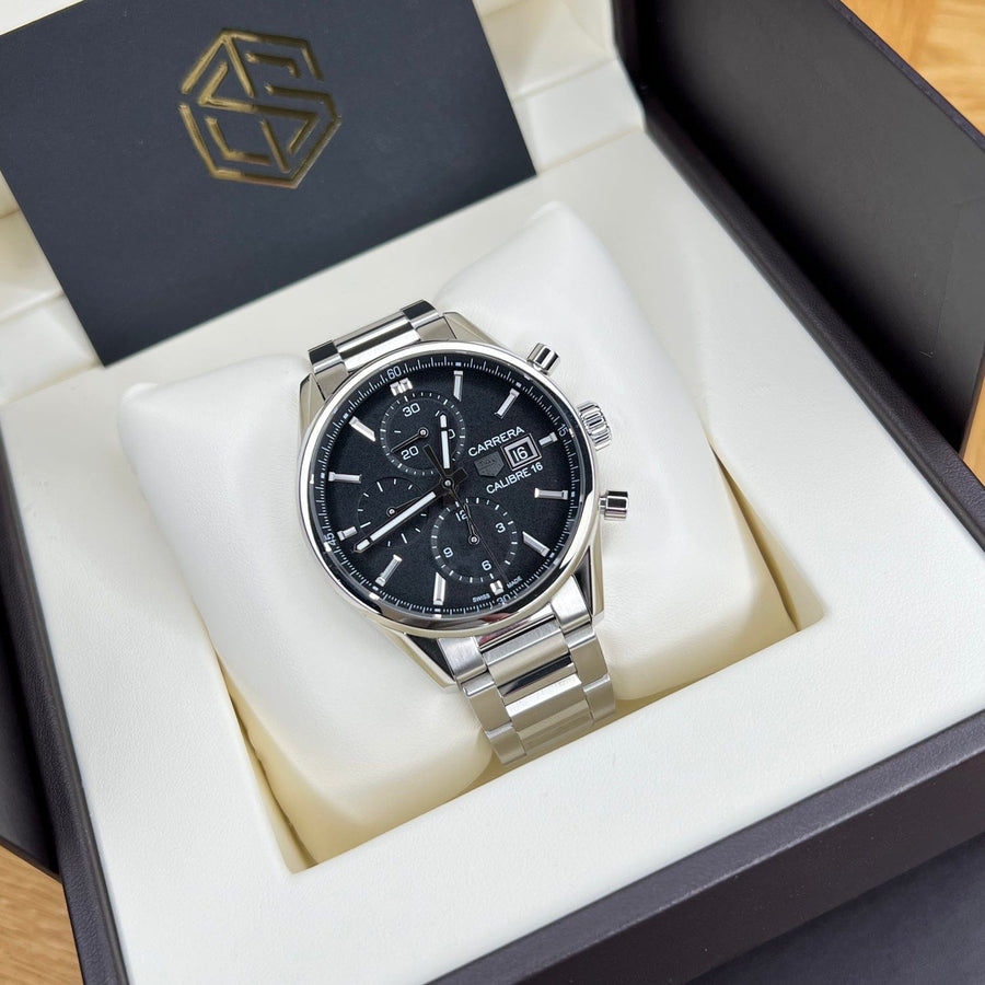 Tag Heuer Carrera Automatic Chronograph Black Dial Silver Steel Strap Watch for Men - CBK2110.BA0715