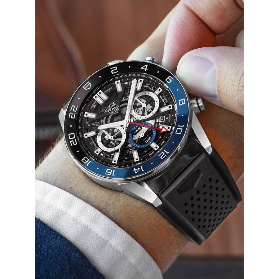 Tag Heuer Carrera Automatic Chronograph Steel & Ceramic Black Dial Black Rubber Strap Watch for Men - CBG2A1Z.FT6157