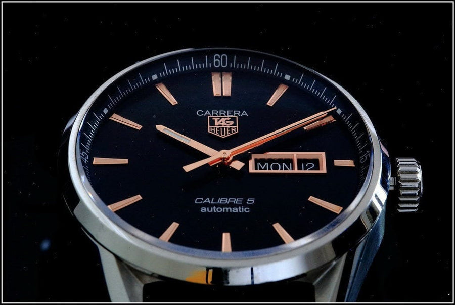 Tag Heuer Carrera Calibre 5 Automatic Black Dial Black Leather Strap Watch for Men - WAR201C.FC6266