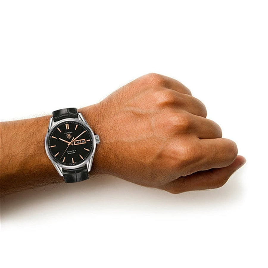 Tag Heuer Carrera Calibre 5 Automatic Black Dial Black Leather Strap Watch for Men - WAR201C.FC6266