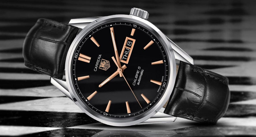 Tag Heuer Carrera Calibre 5 Automatic Black Dial Black Leather Strap Watch for Men - WAR201C.FC6266