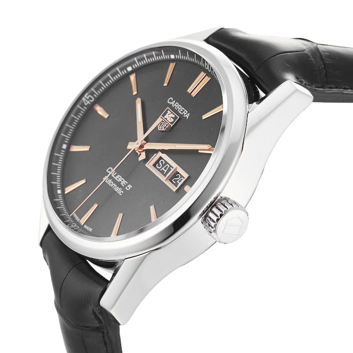Tag Heuer Carrera Calibre 5 Automatic Black Dial Black Leather Strap Watch for Men - WAR201C.FC6266