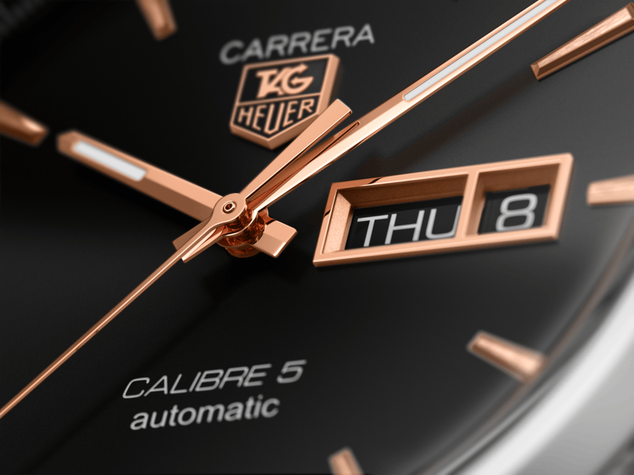 Tag Heuer Carrera Calibre 5 Automatic Black Dial Black Leather Strap Watch for Men - WAR201C.FC6266