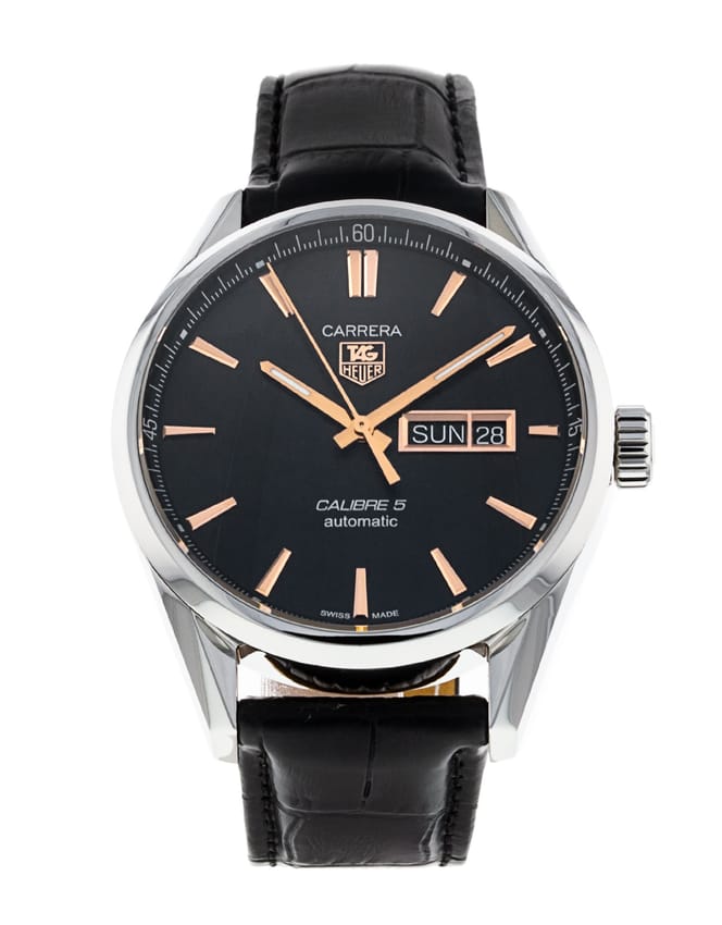 Tag Heuer Carrera Calibre 5 Automatic Black Dial Black Leather Strap Watch for Men - WAR201C.FC6266
