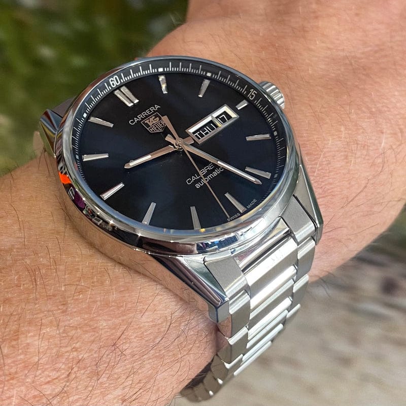 Tag Heuer Carrera Calibre 5 Automatic Black Dial Silver Steel Strap Watch for Men - WAR201A.BA0723