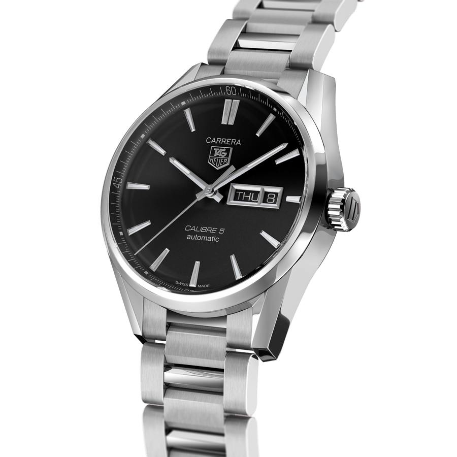 Tag Heuer Carrera Calibre 5 Automatic Black Dial Silver Steel Strap Watch for Men - WAR201A.BA0723