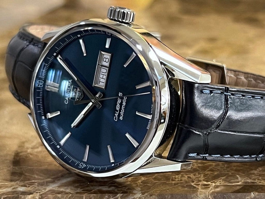 Tag Heuer Carrera Calibre 5 Automatic Blue Dial Blue Leather Strap Watch for Men - WAR201E.FC6292