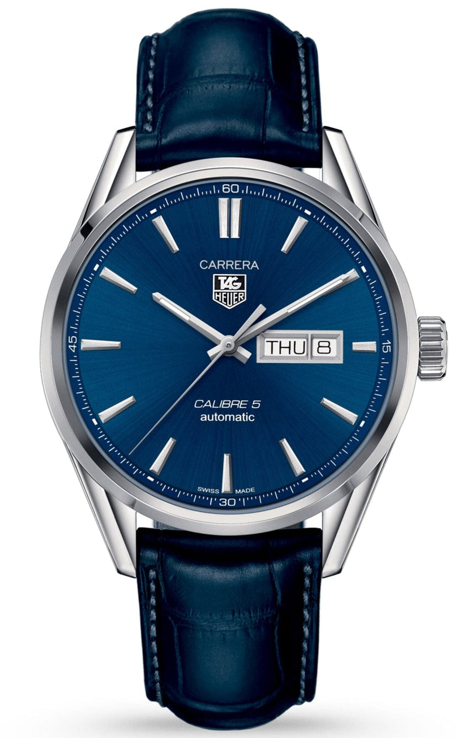 Tag Heuer Carrera Calibre 5 Automatic Blue Dial Blue Leather Strap Watch for Men - WAR201E.FC6292