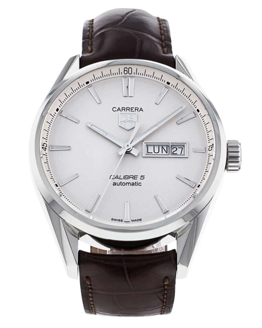 Tag Heuer Carrera Calibre 5 Automatic White Dial Brown Leather Strap Watch for Men - WAR201B.FC6291