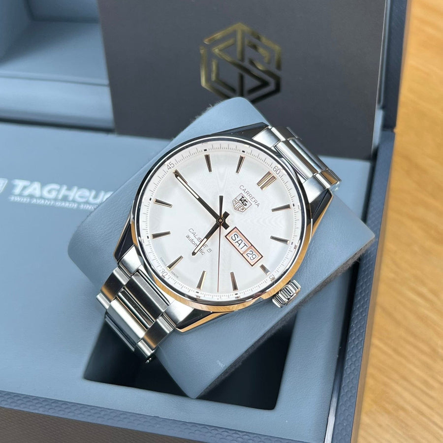 Tag Heuer Carrera Calibre 5 White Dial Silver Steel Strap Watch for Men - WAR201D.BA0723