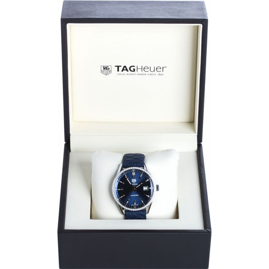Tag Heuer Carrera Quartz Diamonds Blue Dial Blue Leather Strap Watch for Women - WAR1114.FC6391