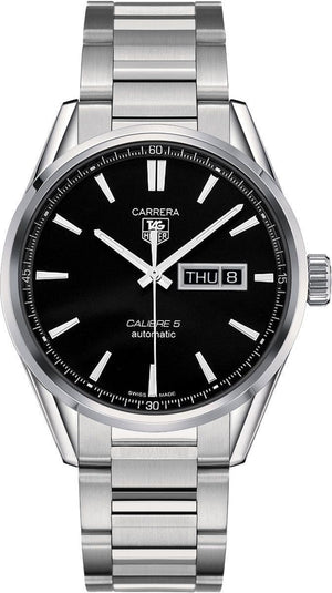 Tag Heuer Carrera Calibre 5 Automatic Black Dial Silver Steel Strap Watch for Men - WAR201A.BA0723