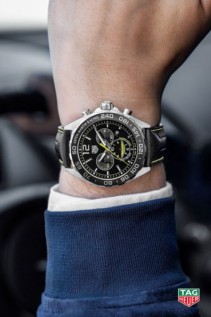 Tag Heuer Formula 1 Aston Martin Black Dial Black Leather Strap Watch for Men - CAZ101P.FC8245