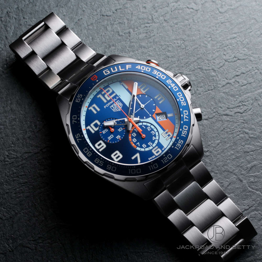Tag Heuer Formula 1 Gulf Edition Chronograph Blue Dial Silver Steel Strap Watch for Men - CAZ101AT.BA0842