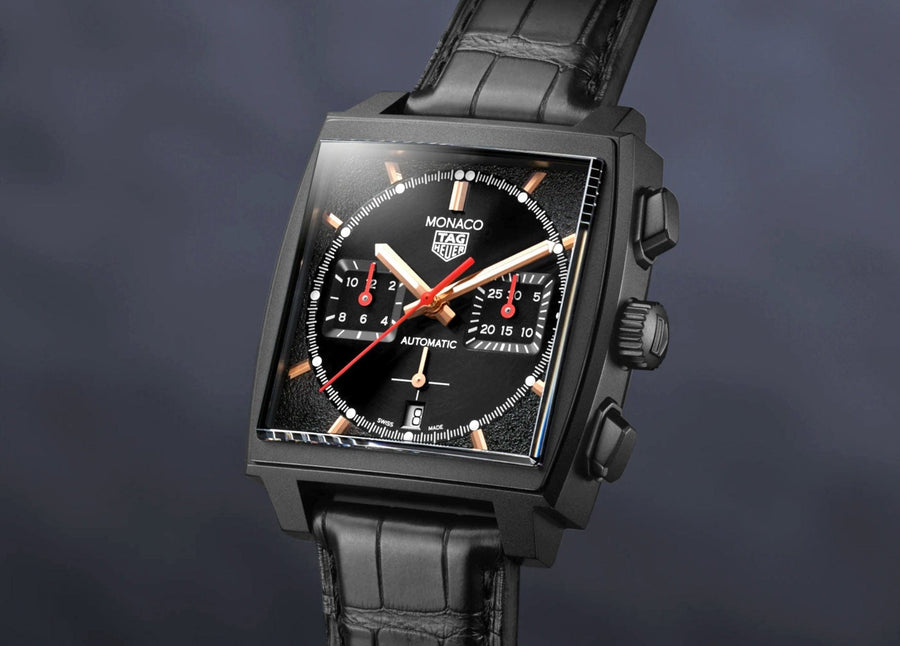 Tag Heuer Monaco Automatic Chronograph Black Dial Black Leather Strap Watch for Men - CBL2180.FC6497