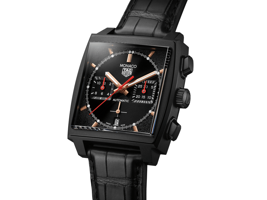 Tag Heuer Monaco Automatic Chronograph Black Dial Black Leather Strap Watch for Men - CBL2180.FC6497