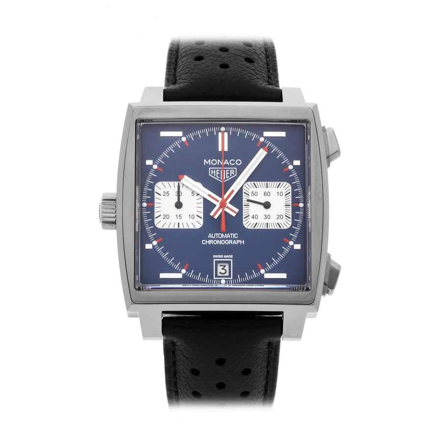 Tag Heuer Monaco Automatic Chronograph Blue Dial Black Leather Strap Watch for Men - CAW211P.FC6356