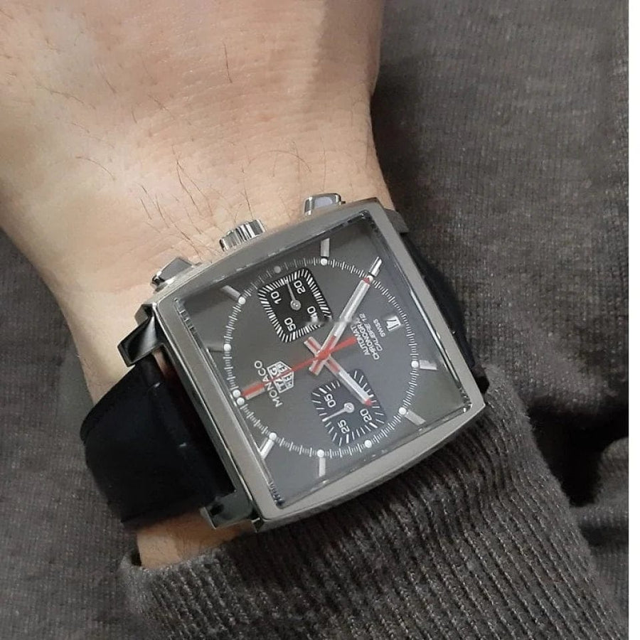 Tag Heuer Monaco Calibre 12 Final Edition Chronograph Grey Dial Black Leather Strap Watch for Men - CAW211J.FC6476