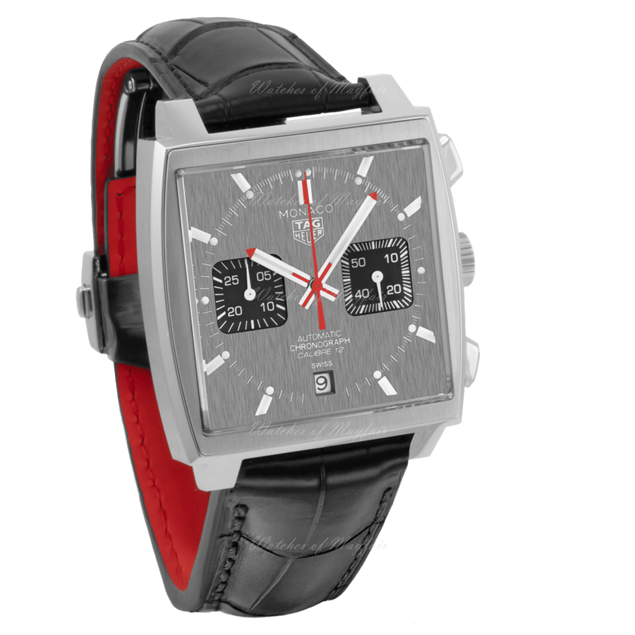 Tag Heuer Monaco Calibre 12 Final Edition Chronograph Grey Dial Black Leather Strap Watch for Men - CAW211J.FC6476