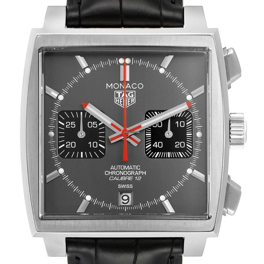 Tag Heuer Monaco Calibre 12 Final Edition Chronograph Grey Dial Black Leather Strap Watch for Men - CAW211J.FC6476