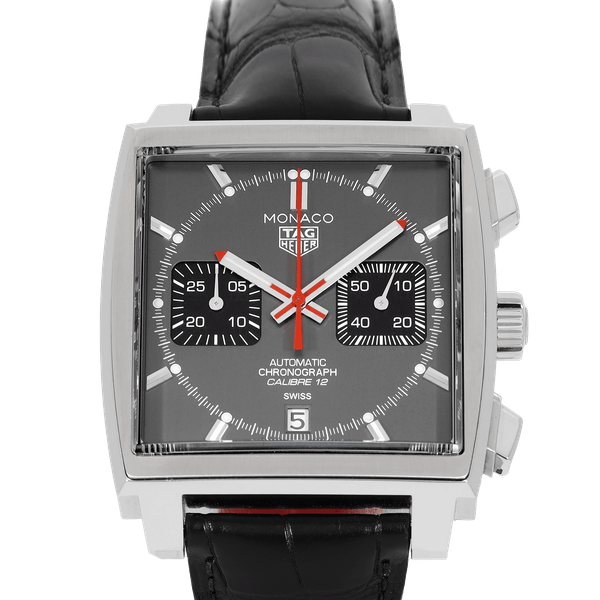Tag Heuer Monaco Calibre 12 Final Edition Chronograph Grey Dial Black Leather Strap Watch for Men - CAW211J.FC6476