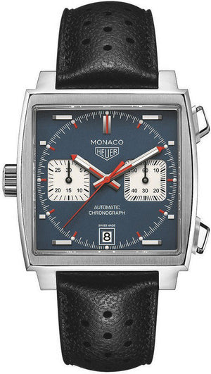 Tag Heuer Monaco Automatic Chronograph Blue Dial Black Leather Strap Watch for Men - CAW211P.FC6356