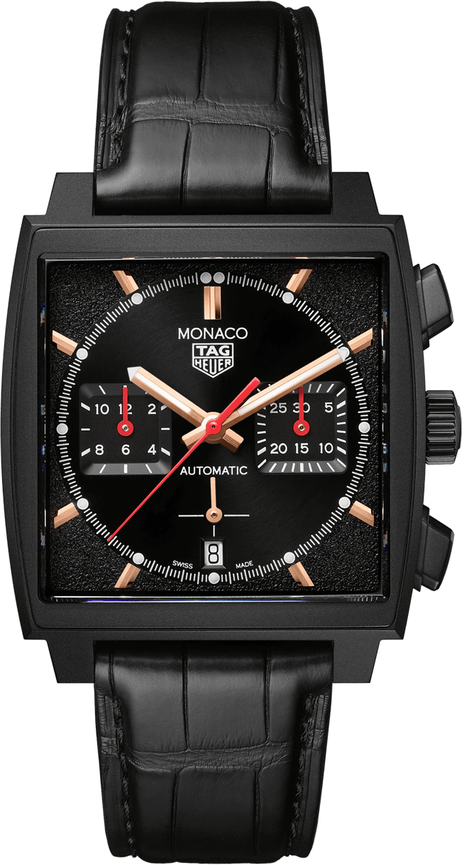 Tag Heuer Monaco Automatic Chronograph Black Dial Black Leather Strap Watch for Men - CBL2180.FC6497