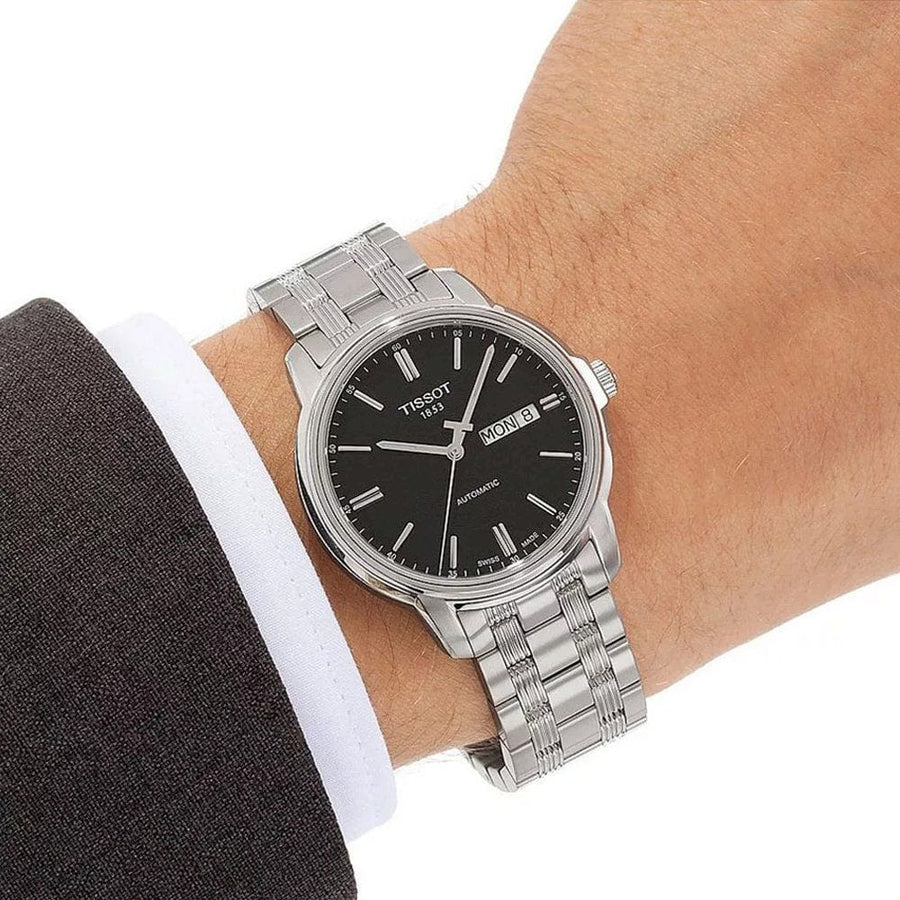 Tissot Automatics III Black Dial Silver Steel Strap Watch For Men - T065.430.11.051.00