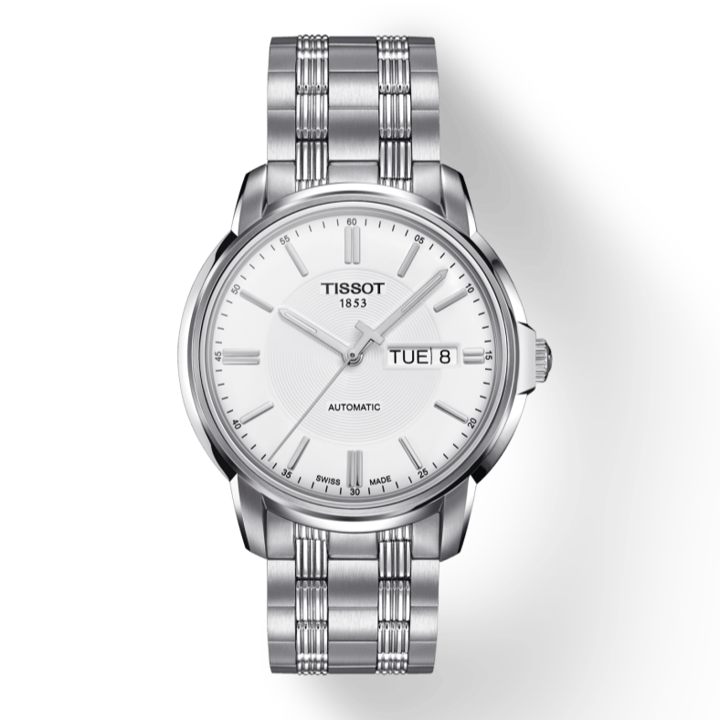 Tissot Automatics III Day Date White Dial Silver Steel Strap Watch For Men - T065.430.11.031.00