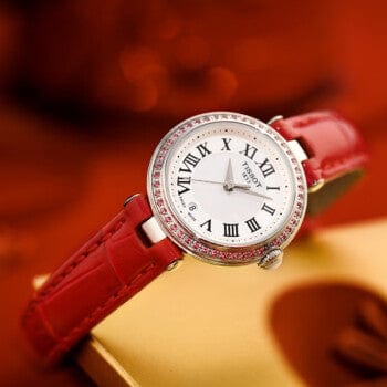 Tissot Bellissima Small Lady Diamonds Mother of Pearl Dial Red Leather Strap Watch For Women - T126.010.66.113.00