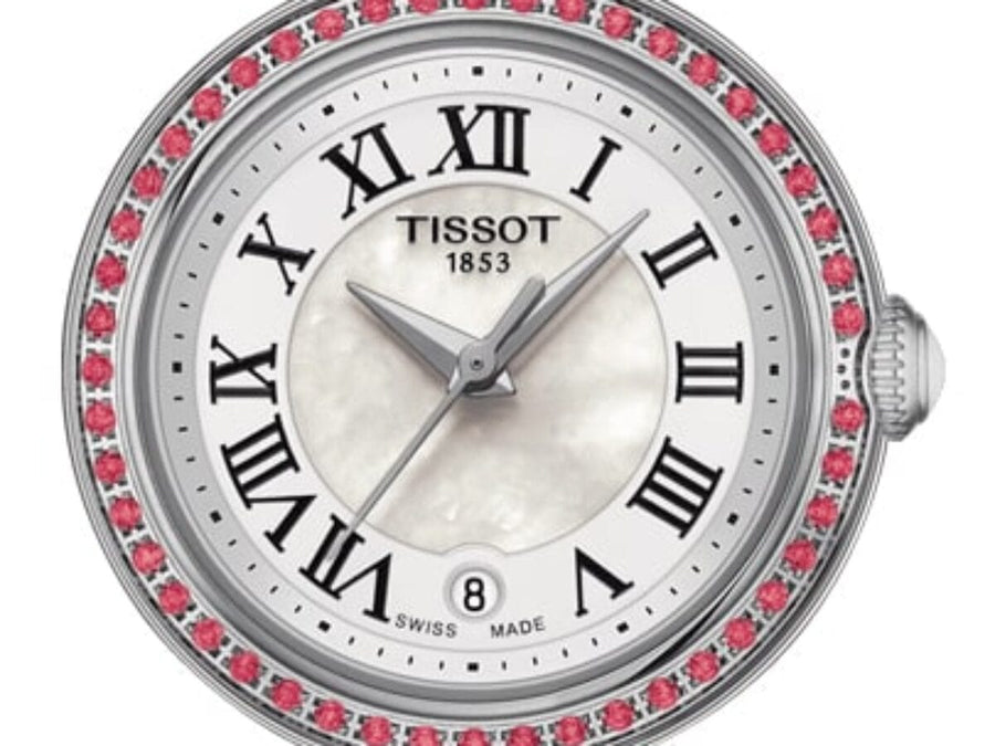 Tissot Bellissima Small Lady Diamonds Mother of Pearl Dial Red Leather Strap Watch For Women - T126.010.66.113.00
