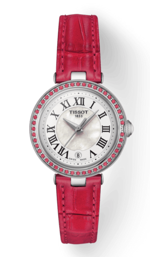 Tissot Bellissima Small Lady Diamonds Mother of Pearl Dial Red Leather Strap Watch For Women - T126.010.66.113.00
