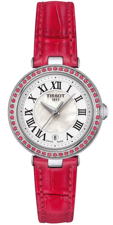Tissot Bellissima Small Lady Diamonds Mother of Pearl Dial Red Leather Strap Watch For Women - T126.010.66.113.00
