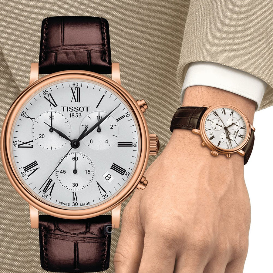 Tissot Carson Premium Chronograph Silver Dial Brown Leather Strap Watch For Men - T122.417.36.033.00