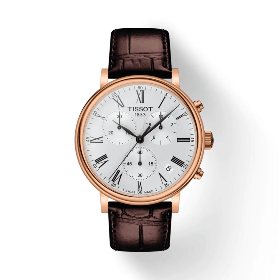 Tissot Carson Premium Chronograph Silver Dial Brown Leather Strap Watch For Men - T122.417.36.033.00