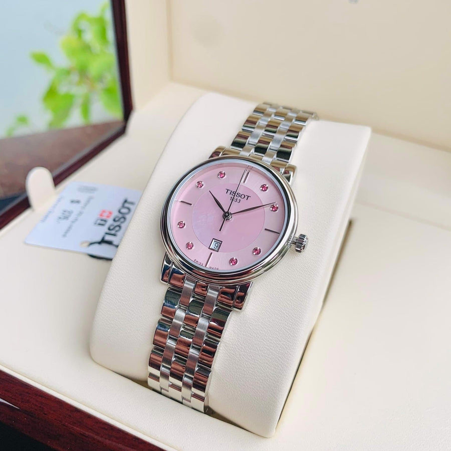 Tissot Carson Premium Lady Mother of Pearl Pink Dial Silver Steel Strap Watch For Women - T122.210.11.159.00