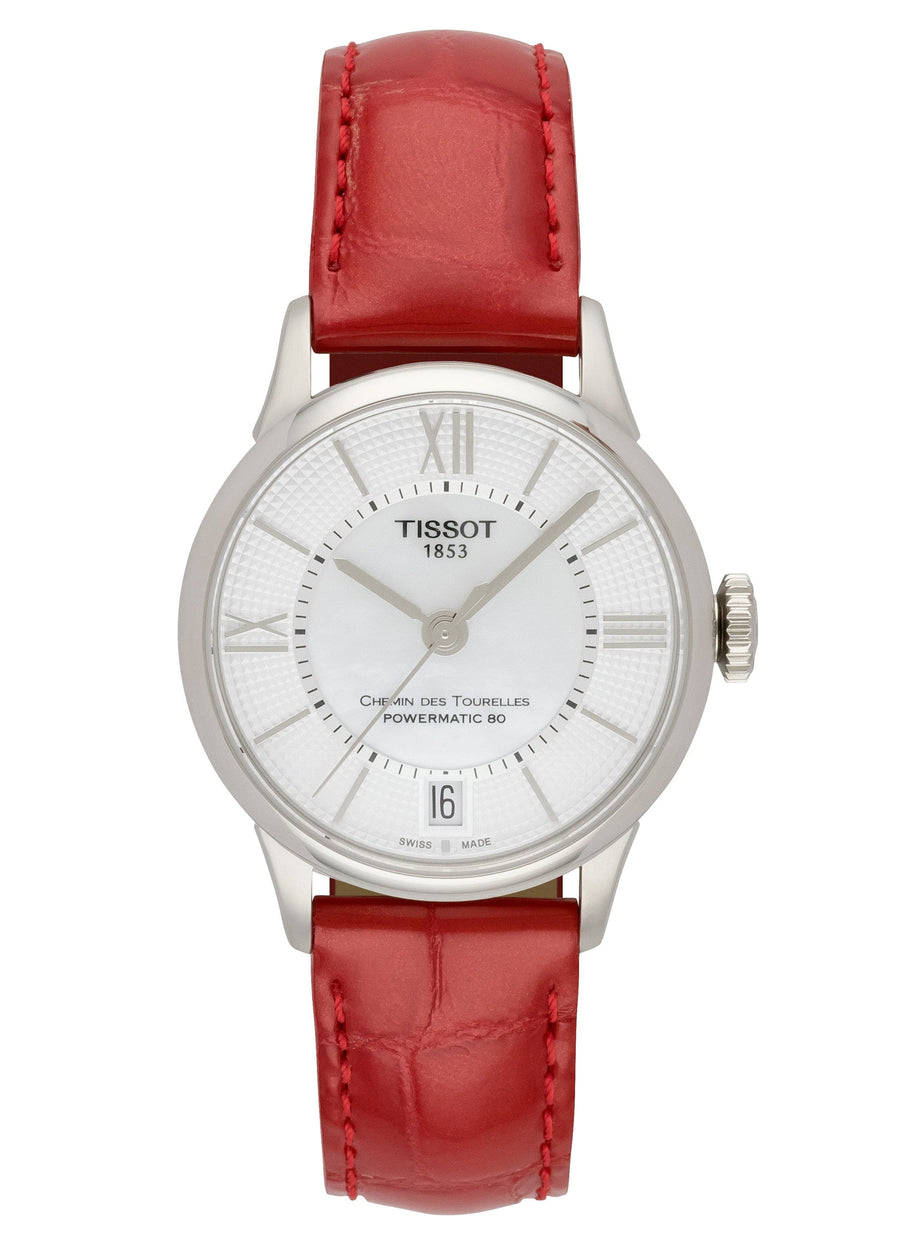 Tissot Chemin Des Tourelles Powermatic 80 Mother of Pearl White Dial Red Leather Strap Watch For Women - T099.207.16.118.00