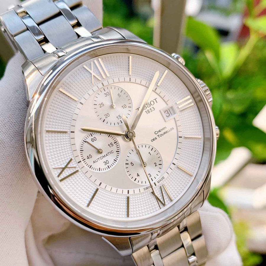 Tissot Chemin des Tourelles Automatic Chronograph White Dial Silver Steel Strap Watch for Men - T099.427.11.038.00